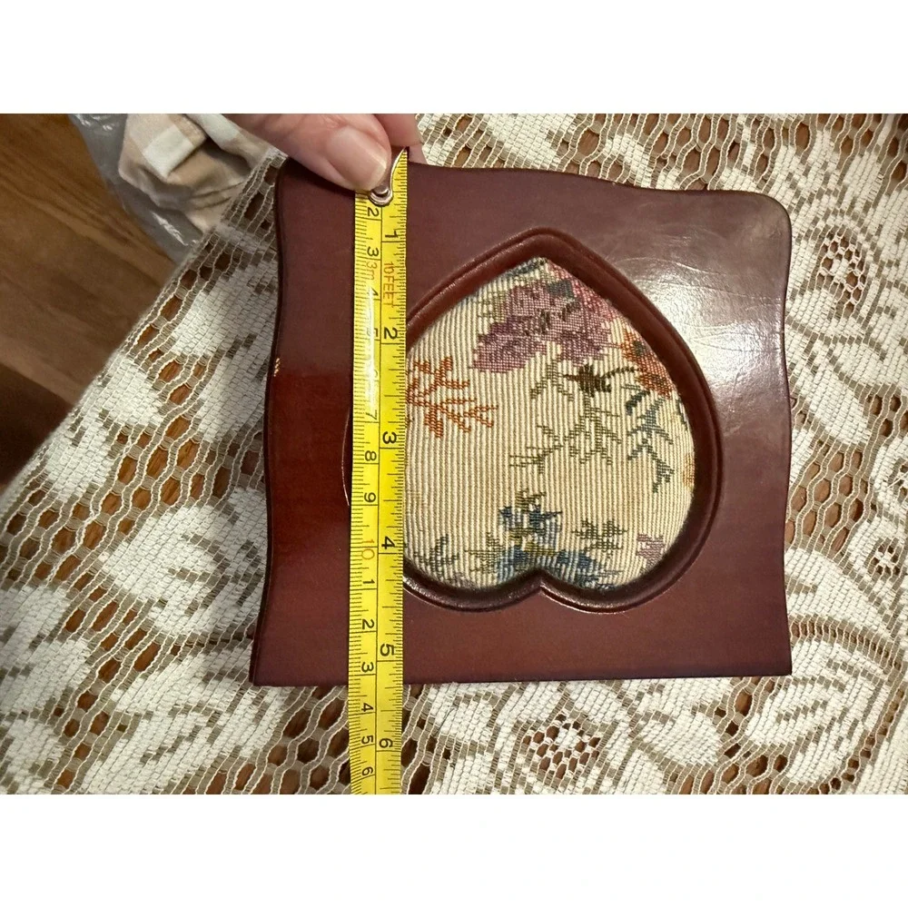 Vintage Wooden Heart Jewelry Box Tapestry Floral Inlay Mirror Pink Interior 5in